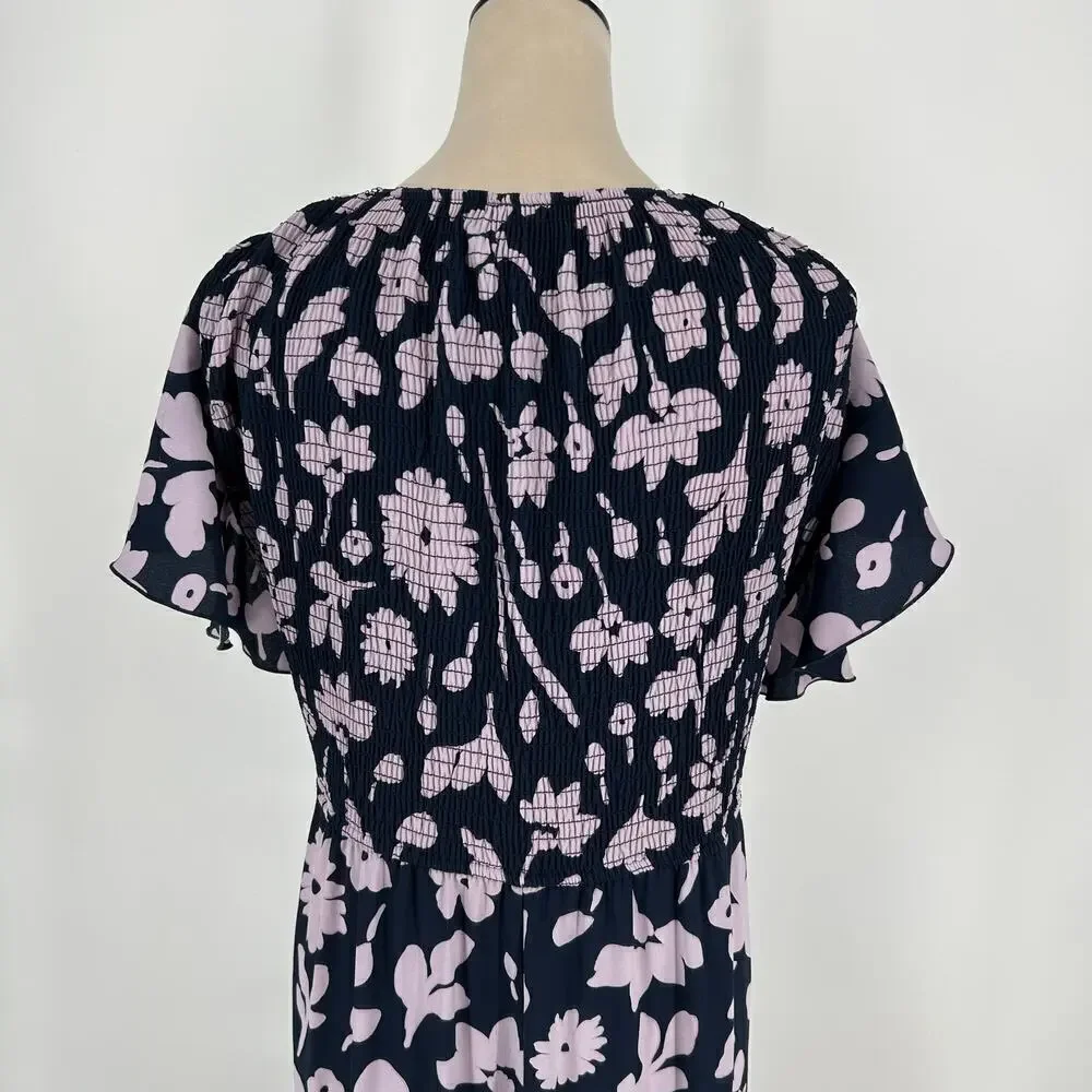 Kate Spade New Splash Ruffle Sleeve Midi Dress Navy & Cream Smocked Size 2